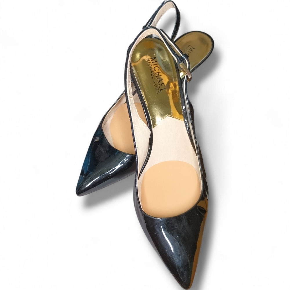 Michael Kors | Kelsey Kitten Slingback | Blk Patent Leather Gold Hardware | Sz 9 - Picture 11 of 14